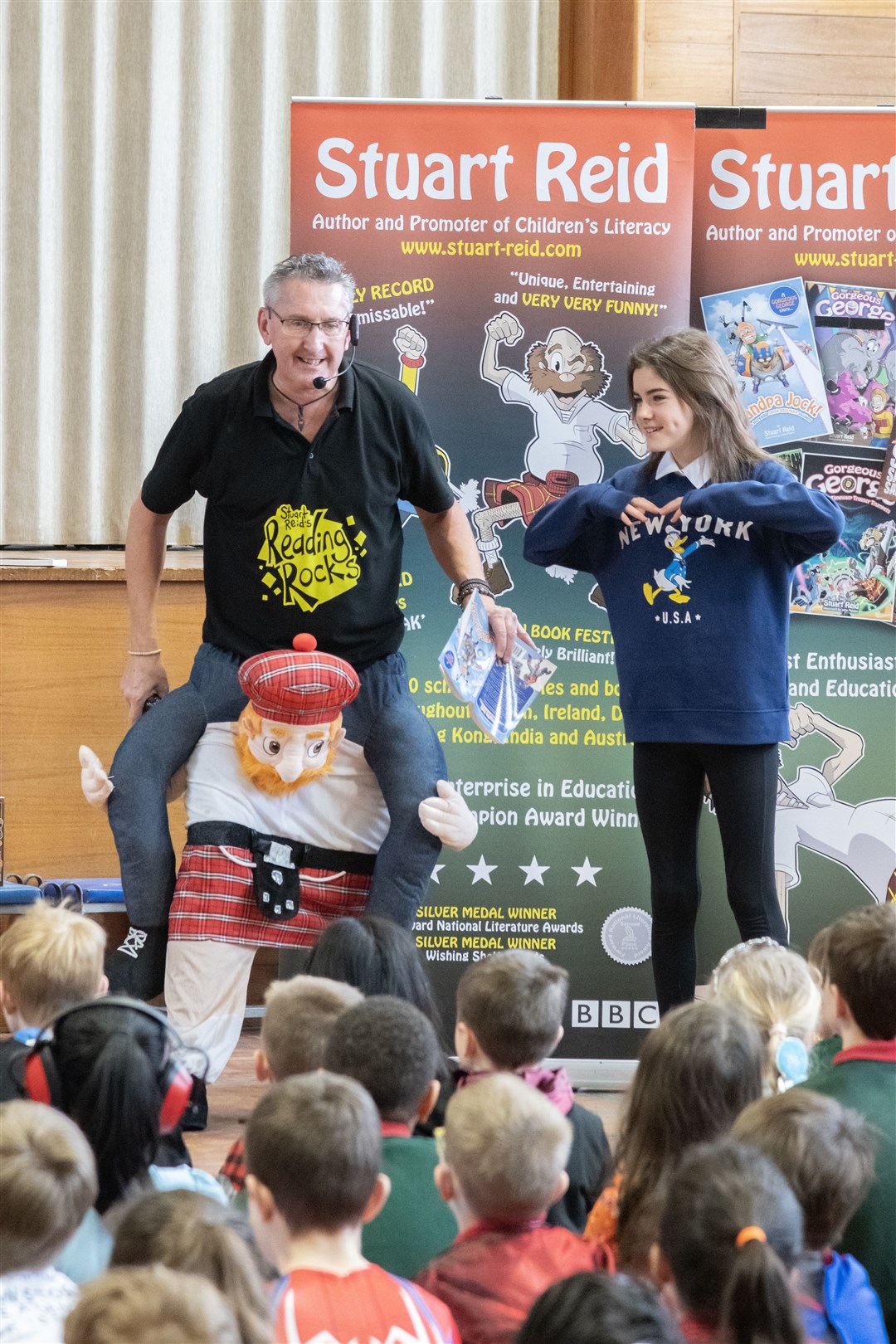 Stuart Reid at Kinloss Primary School promoting his new book, Soggy Saturday Sandwich, which he has dedicated to the school.Picture: Beth Taylor