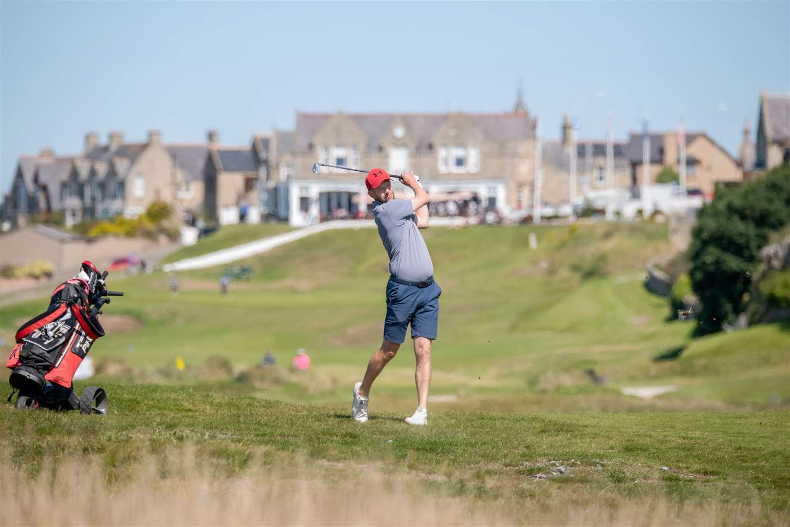 Elgin Five Day Open winner Ryan Copland plays down the second fairway on Moray's Old course...2023 Moray Golf Open, held at Lossiemouth's Moray Golf Club...Picture: Daniel Forsyth..