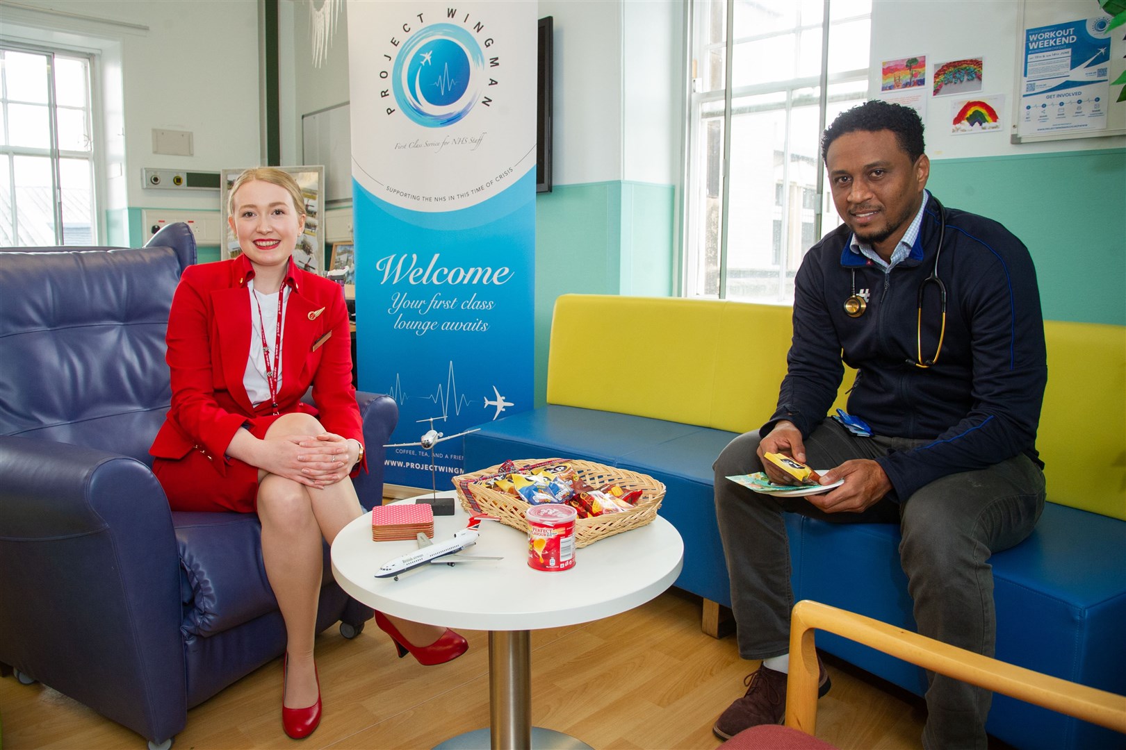 Virgin Atlantic's Jess Hall, from Forres, with Dr Gray's surgeon Musab Ahmed...Airlines have teamed up with the NHS to run 'Project Wingman' throughout Hospitals in Scotland, giving NHS staff a chance to relax and speak about any problems or worries they are feeling about during the coronavirus pandemic...Picture: Daniel Forsyth..