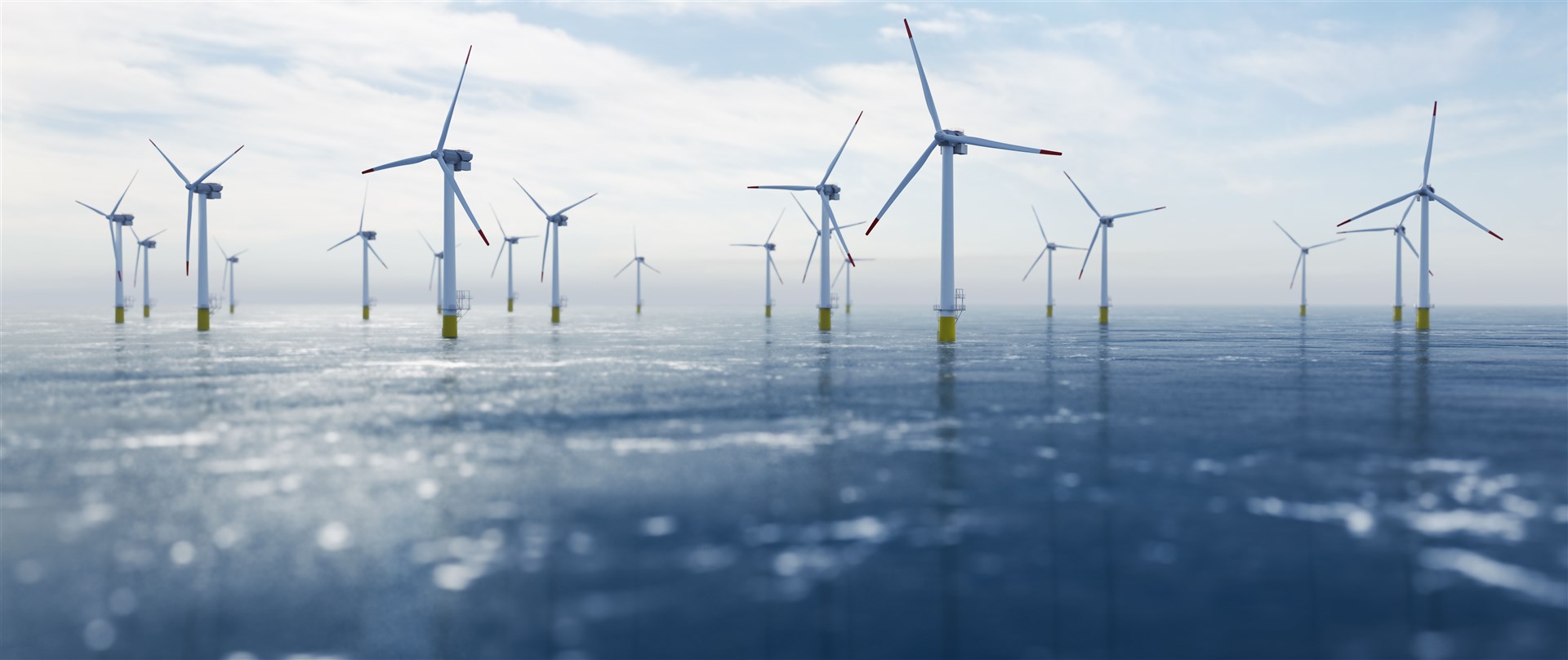 Offshore wind power and energy farm with many wind turbines on the ocean. Sustainable electricity production
