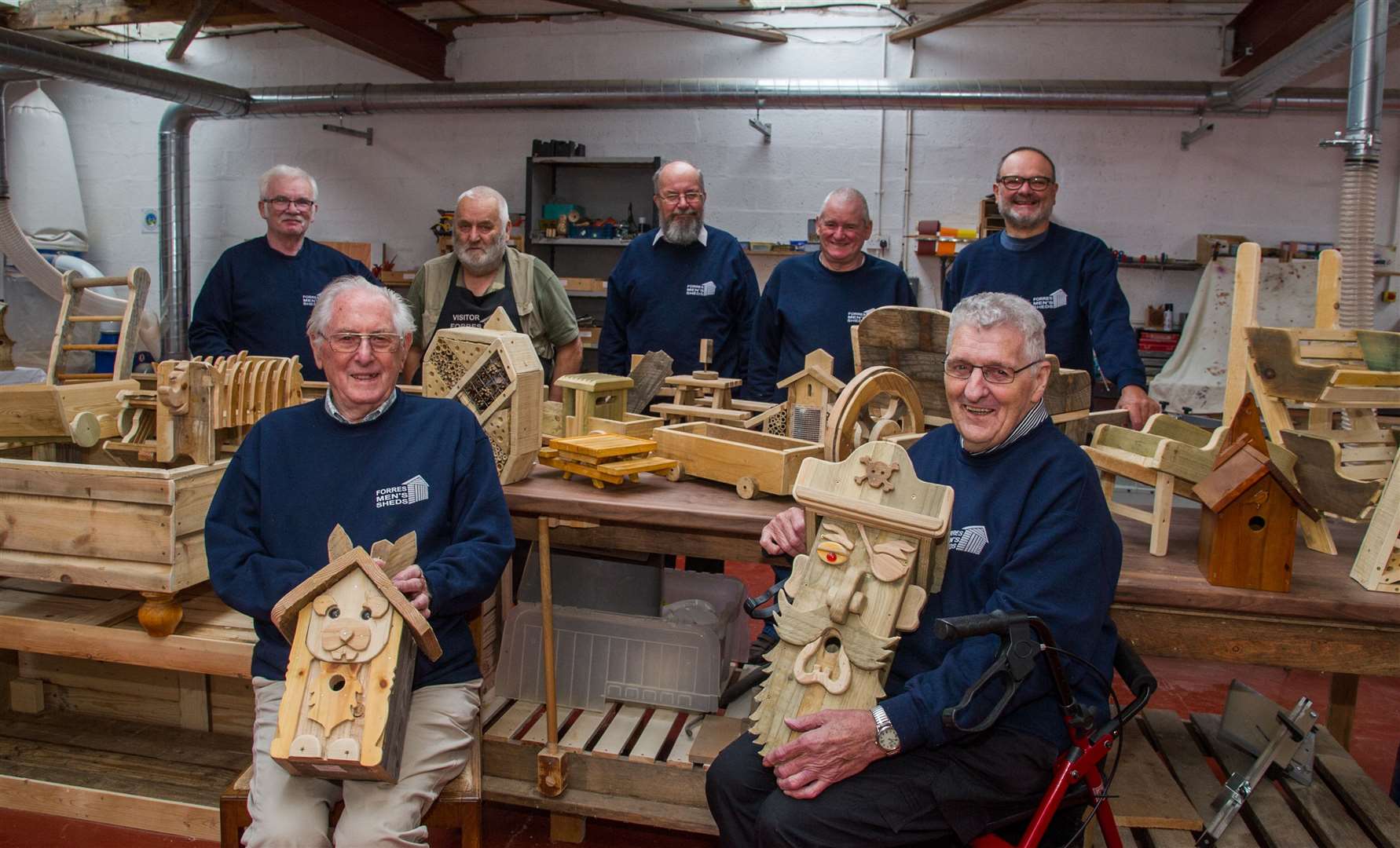 Bill Valentine (front left) and Davy Bell (front right). Joining them from back left are Jack McAllister, Robert Munro, David Parker, Tam Cairns and Geoff Wilcock...Forres Mens Shed are having an open day where they have many handmade items for sale.Picture: Becky Saunderson
