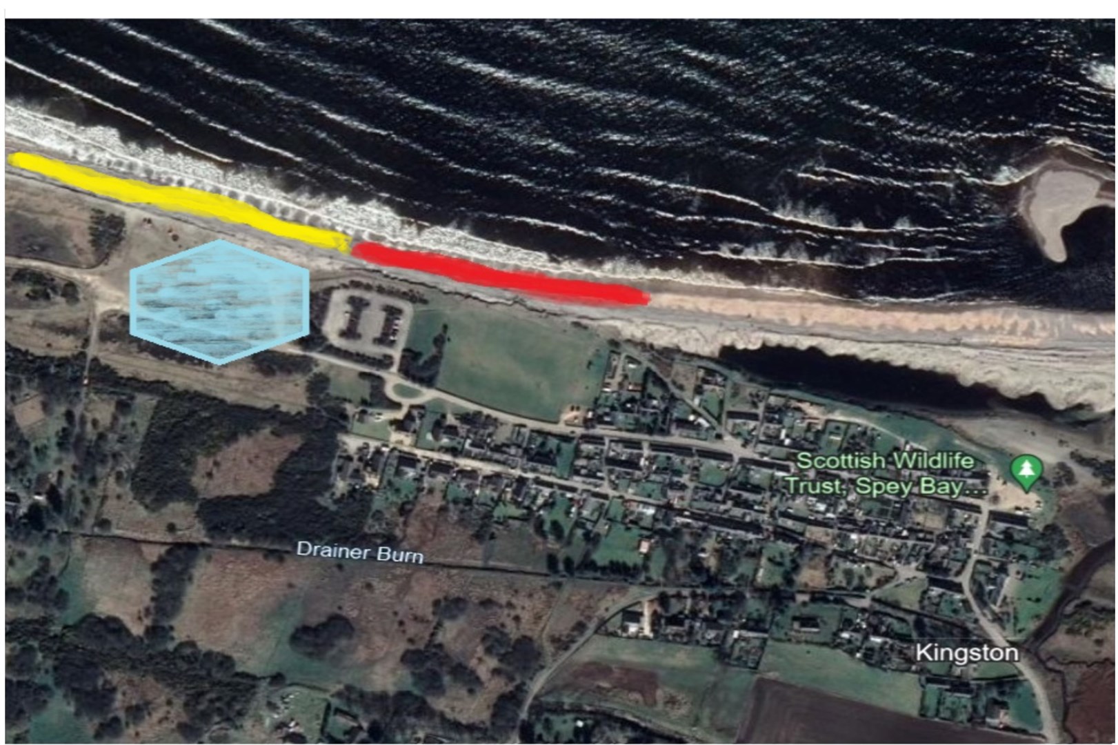 The new lagoon is shown in blue, while the proposed council barrier is marked in red. The yellow line indicates what's been argued for by Mr Mackie.