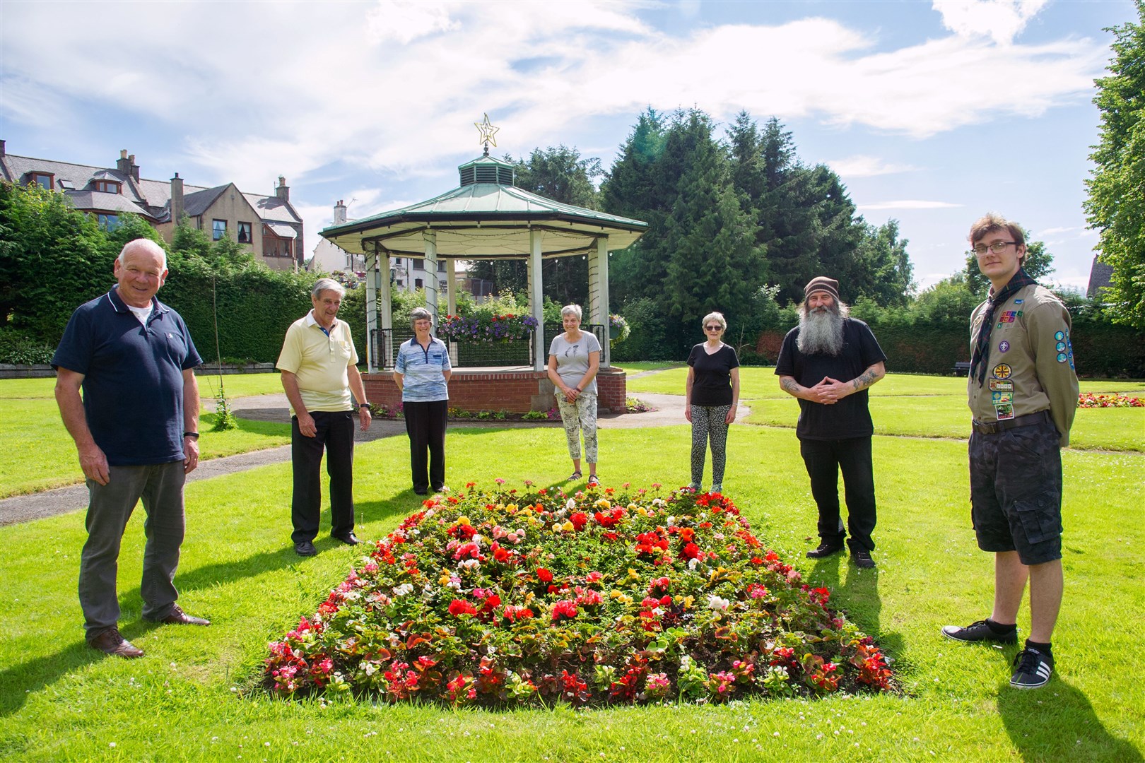 (From left) Dave Carson, of Keith In Flower and Keith Rotary Club; Dennis Reid, of Keith Men's Shed; 50-plus Ladies Walking Group members Jenny Reid, Rosemary Sutherland and Loveina Clarke; Gary Andrew, of Moray Council lands and parks; and Reece Mackie, of the Explorer Scouts, at Keith bandstand, where a big effort has been made by community groups to replant and brighten the area. Picture: Daniel Forsyth.