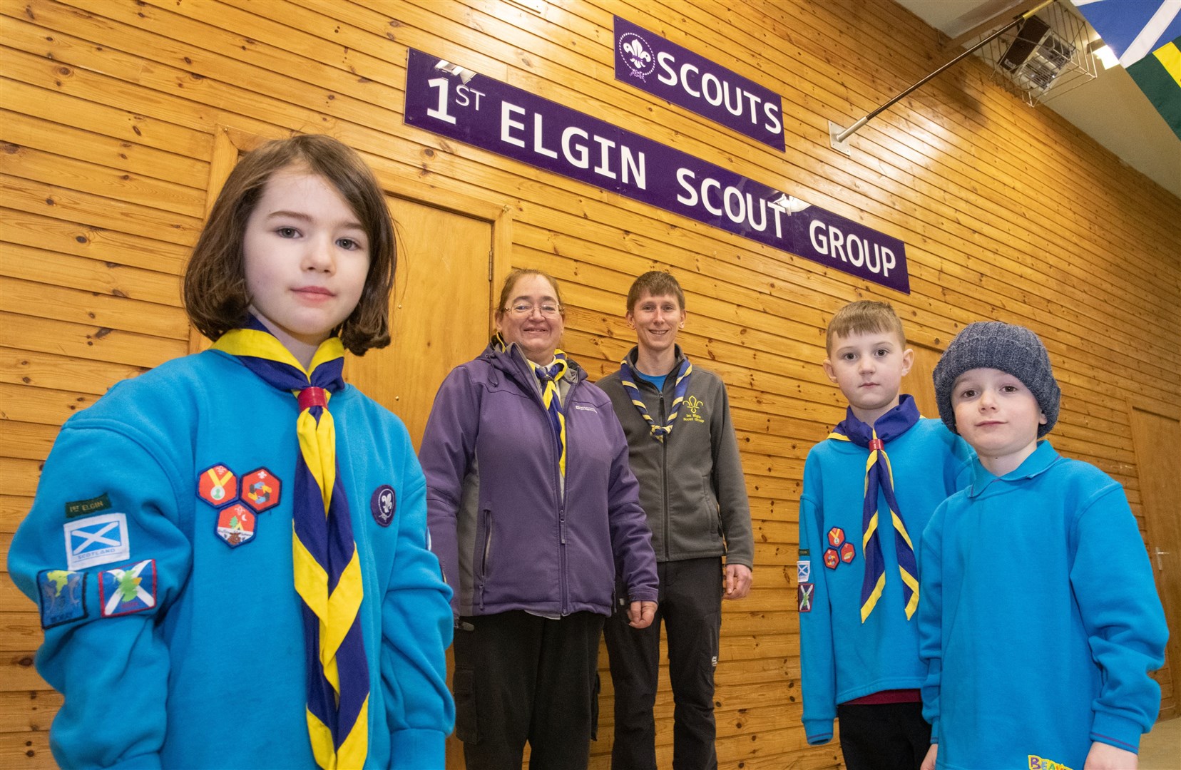 The 1st Elgin Scout Group are appealing for more volunteers after a huge upsurge in numbers of children looking to attend. From left: Emma Simpson, Debbie Rigby, Steven Thomson, Aiden McMillian and Archie Fairburn. Picture: Daniel Forsyth..