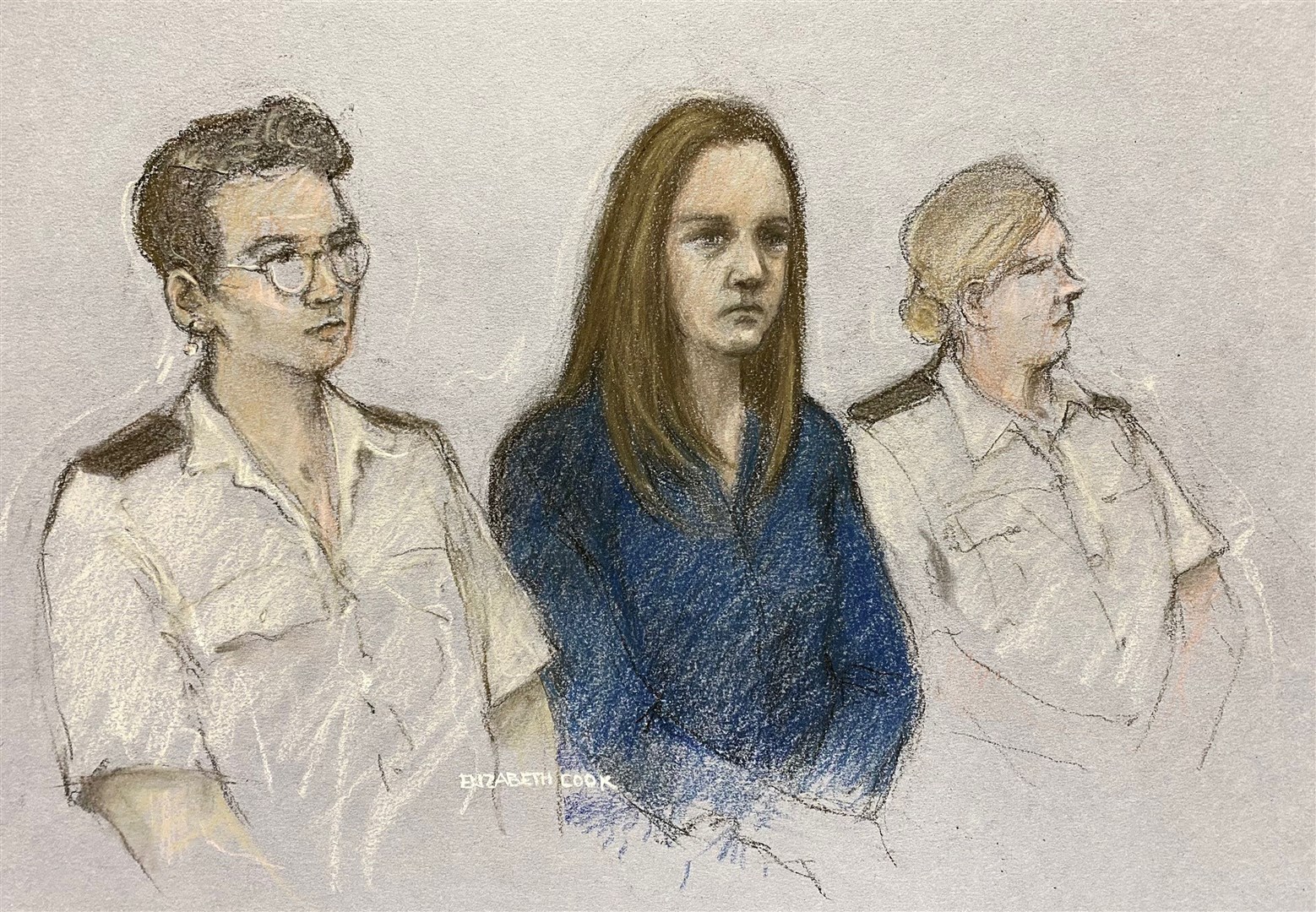 A court artist drawing of Lucy Letby earlier in the trial (Elizabeth Cook/PA)