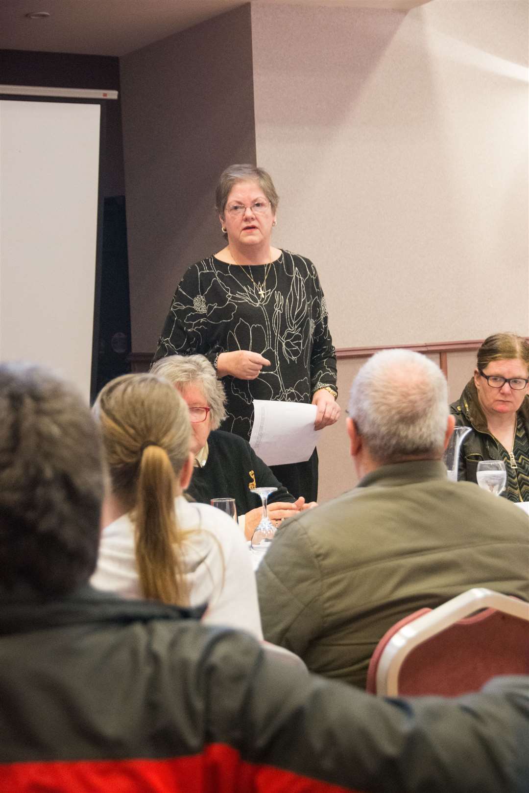 Concerned mother Libby Mitchell speaks during a meeting at Elgin's Laichmoray Hotel over a planned night-time care pilot scheme. Picture: Becky Saunderson.