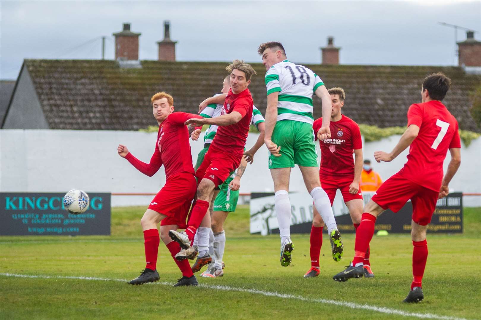 Buckie Thistle's Jack Murray fires his downwards header into the back of the net to make it 2-1 to the Jags. ..Picture: Daniel Forsyth..