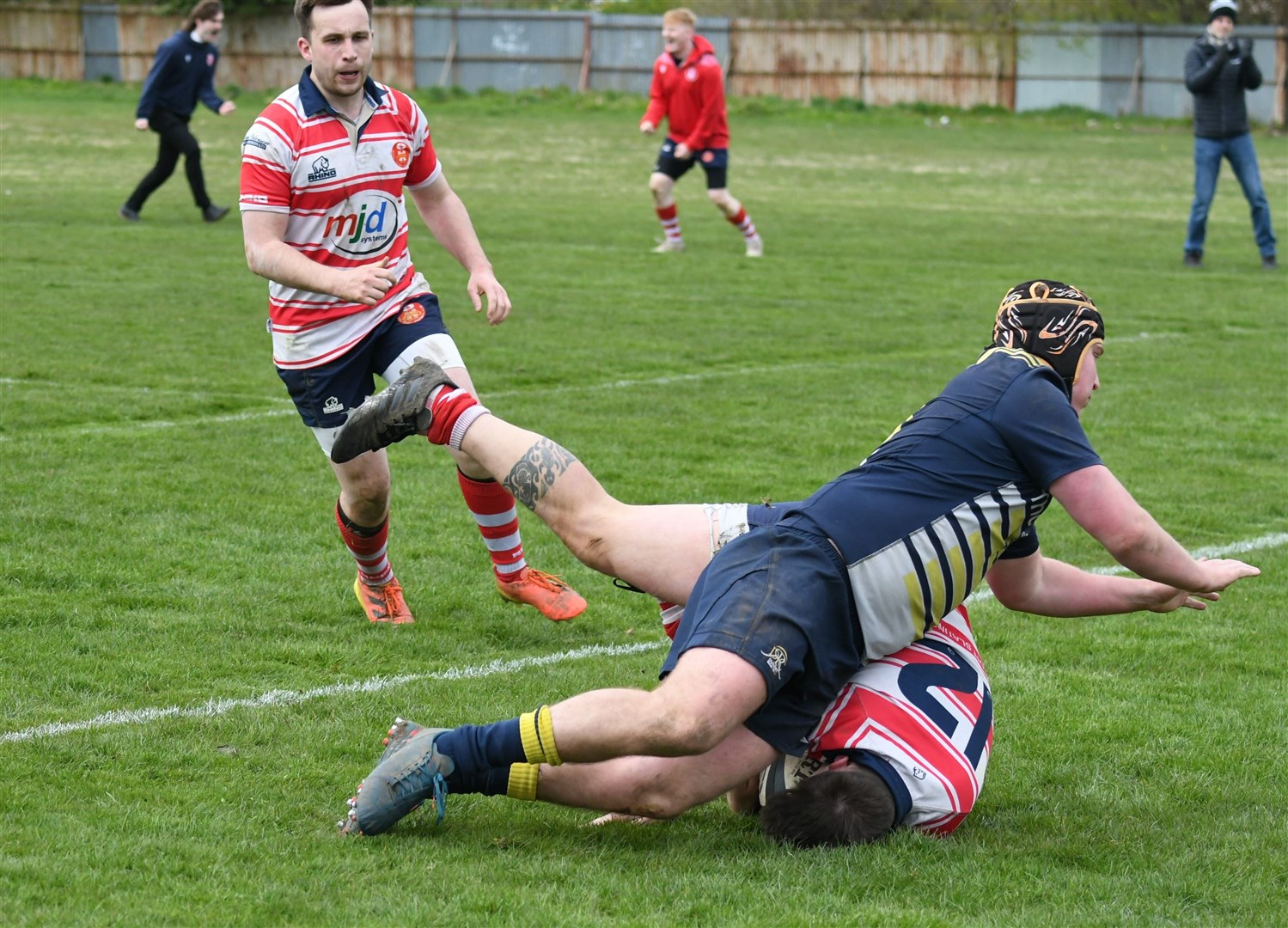 Lewis Hay goes over the line for Moray. Picture: James Officer