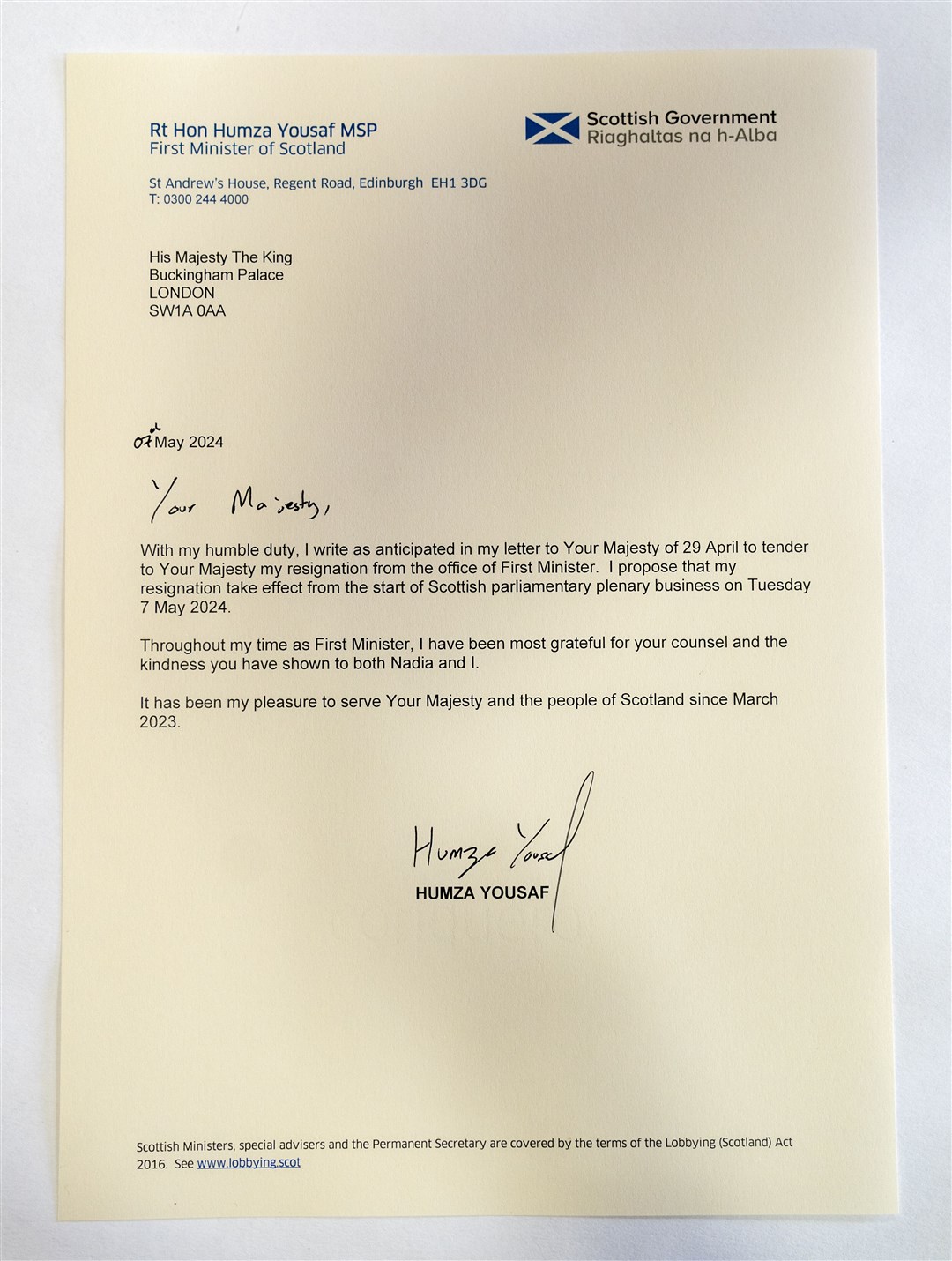 Official resignation letter to King Charles from Humza Yousaf (Jane Barlow/PA)