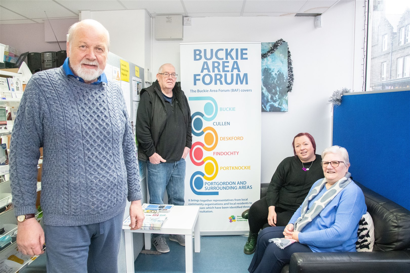 Looking back on a busy year – and forward to an even busier one – is BAF chairman Gordon McDonald (front left) joined by Jim Murray, hub volunteer Ailsa Fowlds (front right) and Emma Sharpe from Moray Council's Employability Team. Picture: Daniel Forsyth