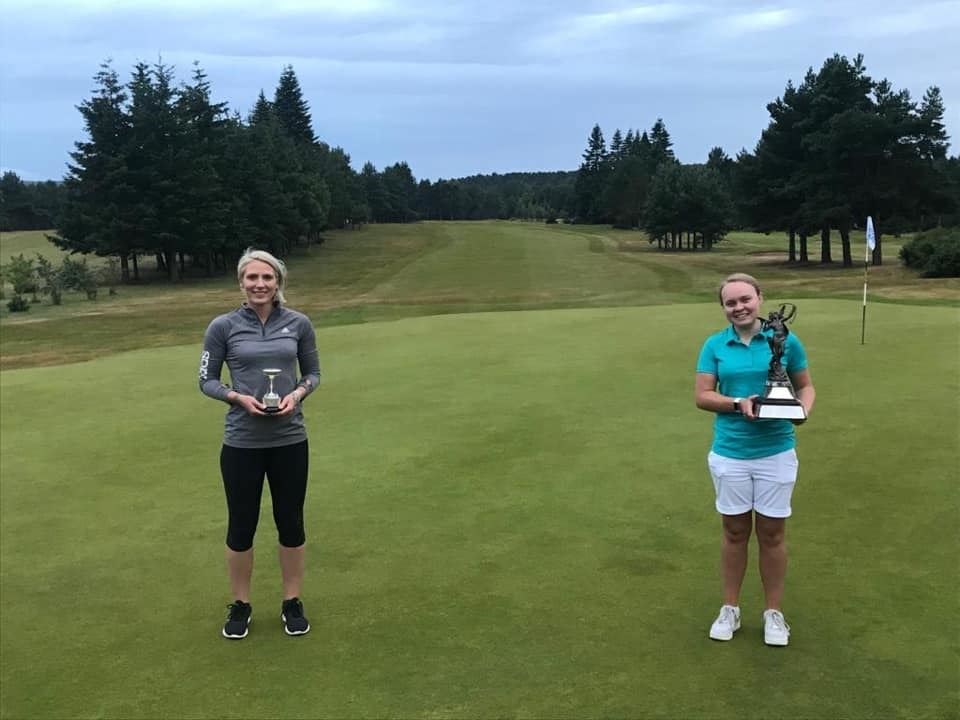 Carinne Taylor (right) is ladies champ again while Rebecca Grant took the ladies handicap title. Photos; Elgin Golf Club Facebook.