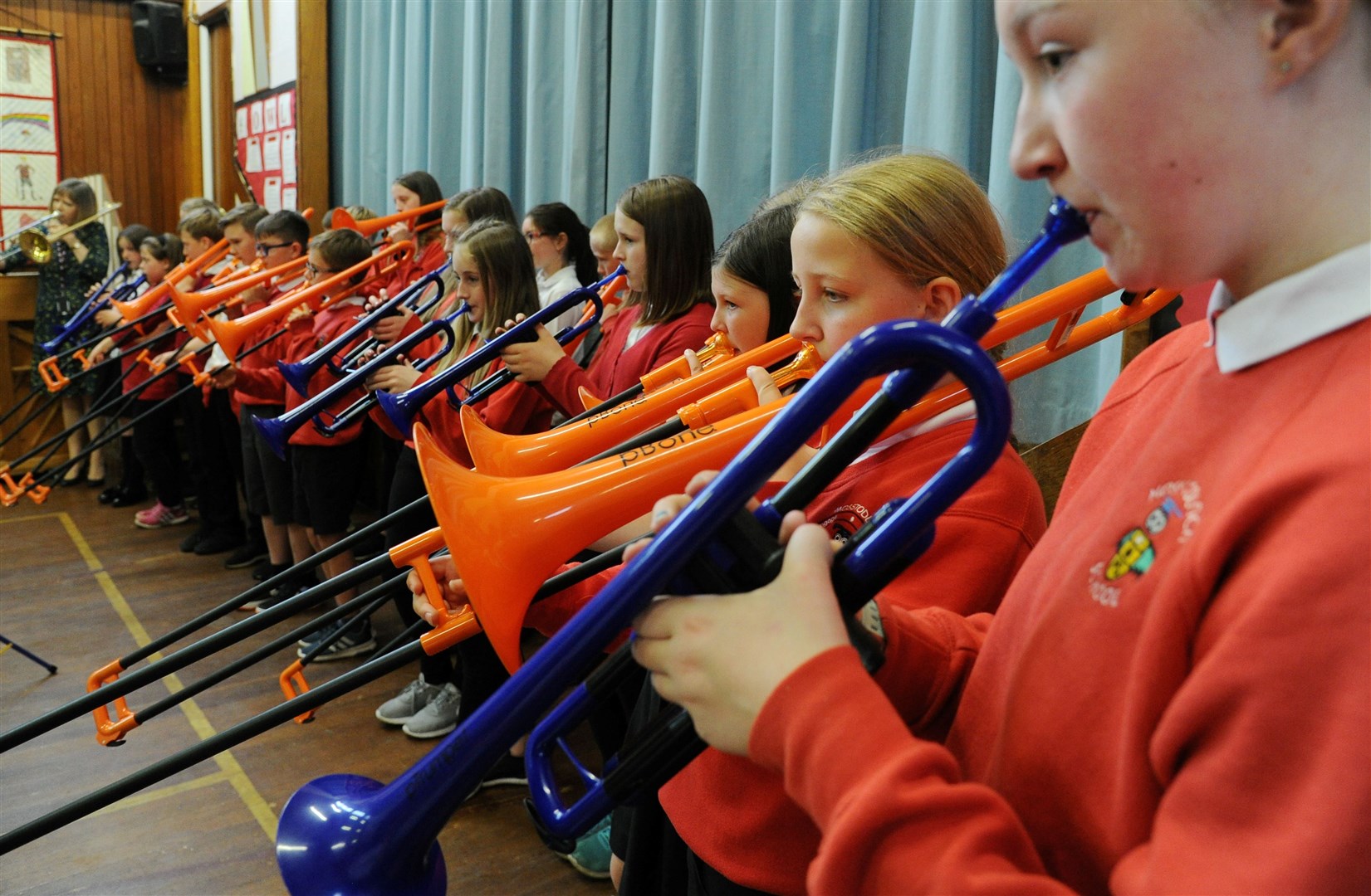 Mosstodloch Primary School pupils perform with pTrumpets and pTrombones.
