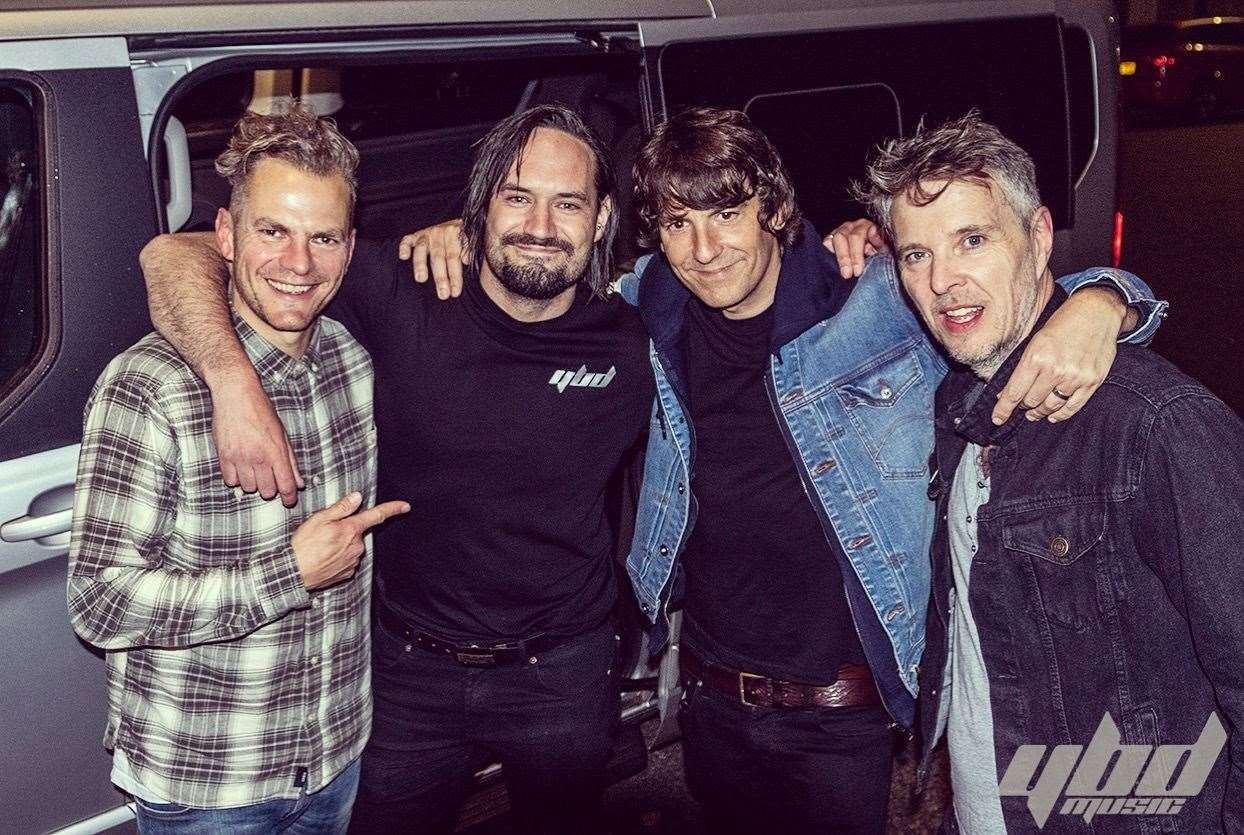 Pub owner Andy Macdonald (2nd from left) with the band Toploader at the gig he organised at Lossiemouth Town Hall in April 2019. Picture: Liam Paul McBride.