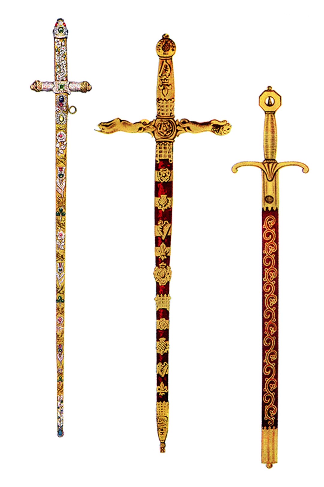 The jewelled Sword of Offering (left) with the the Sword of State, and the Sword of Mercy (The Picture Art Collection/Alamy/PA)