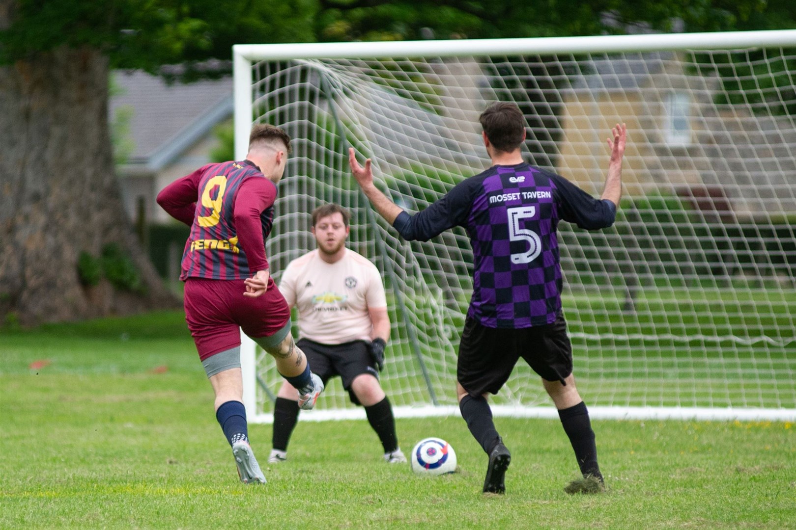 Darren Robertson scores the Caberfeidh's second of the evening. ..Mosset Tavern FC (5) vs Caberfeidh FC (4) - Forres & Nairn Welfare League...Picture: Daniel Forsyth..