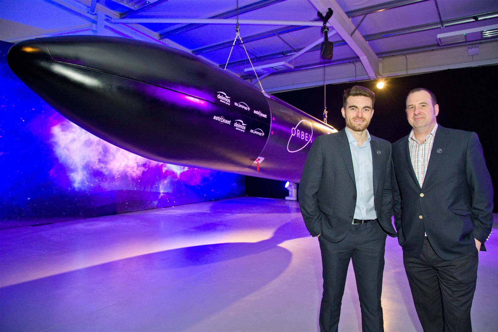 Damien Gueydan and Daniel Byrne from the Forres-based firm Orbex with its state-of-the-art Prime rocket. Picture: Daniel Forsyth.