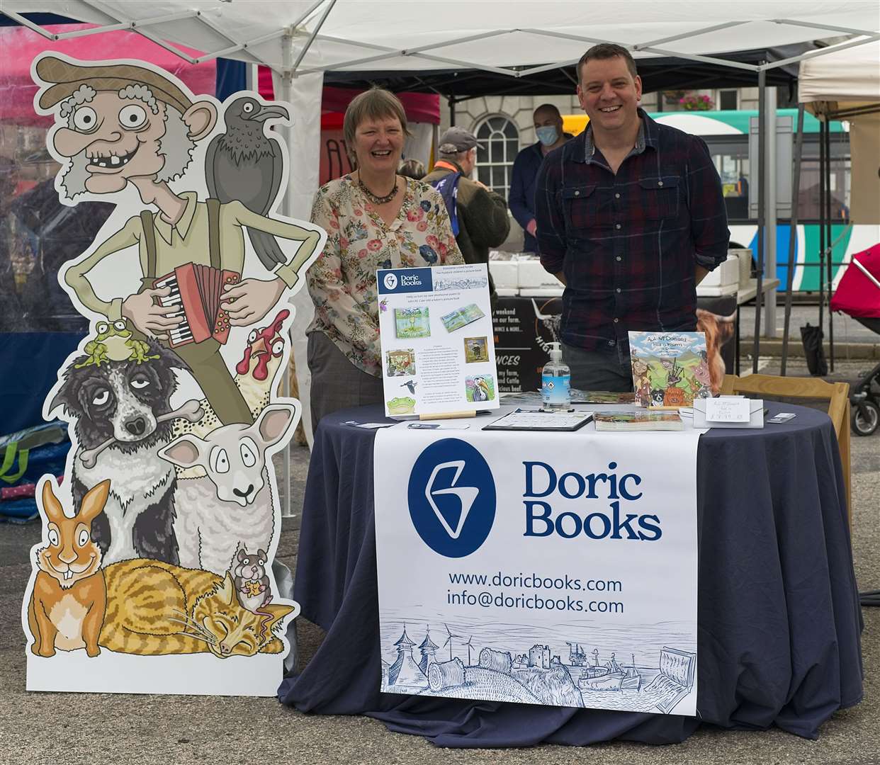 Jackie Ross, from Lumphanan, and author/illustrator Aaron Gale, from Huntly, co-directors of Doric Books, at Inverurie Farmers Market.