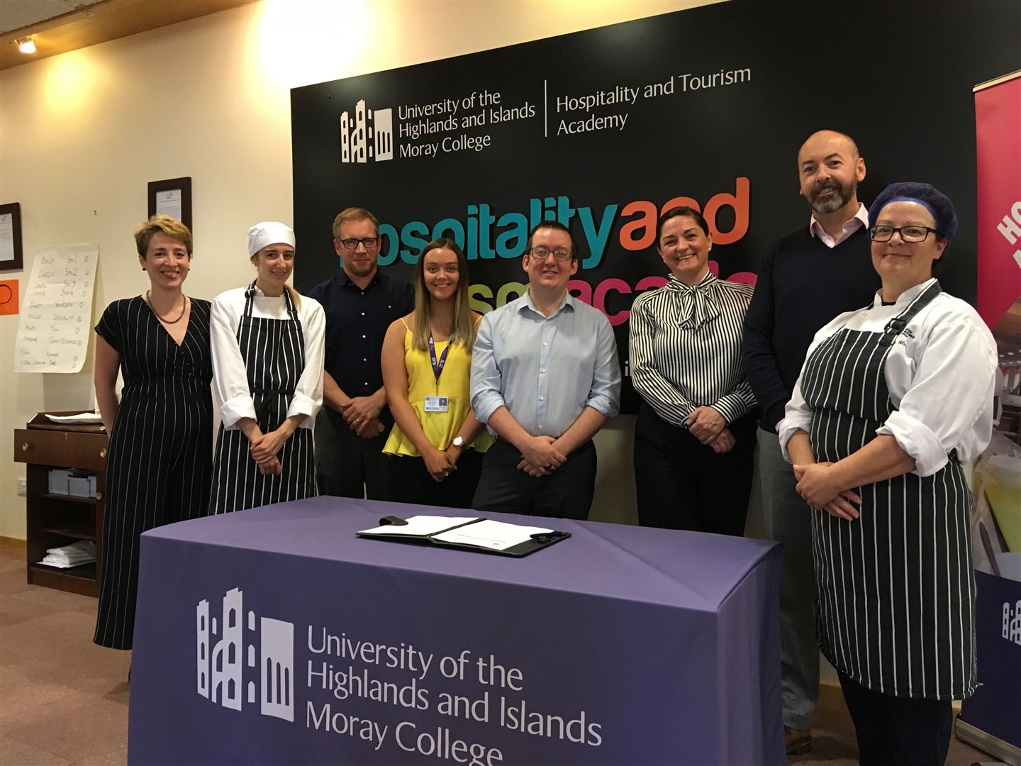 From left: Steph Murray from The Dowans Hotel, hospitality student Caitlyn Angus, deputy head of curriculum Alistair Fowlie, Aimee Stephen from DYW Moray, Lee Jack from the Sun Dancer restaurant, Claire Owens from The Macallan, Kevin Smith of The Craigellachie Hotel, and student Lotta Nilsson.