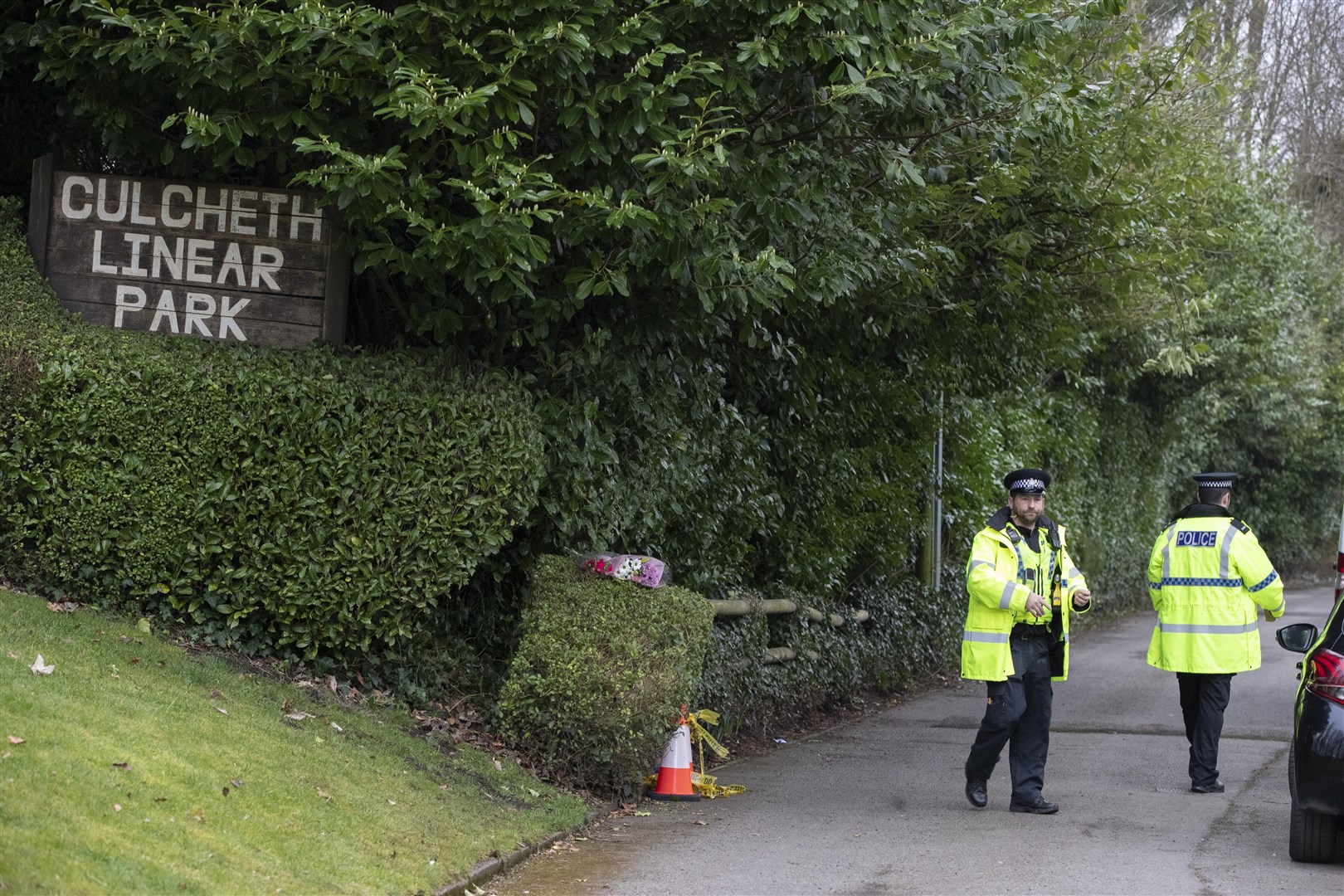 Police officers at the scene of the stabbing in Culcheth Linear Park in Warrington, Cheshire (Jason Roberts/PA)