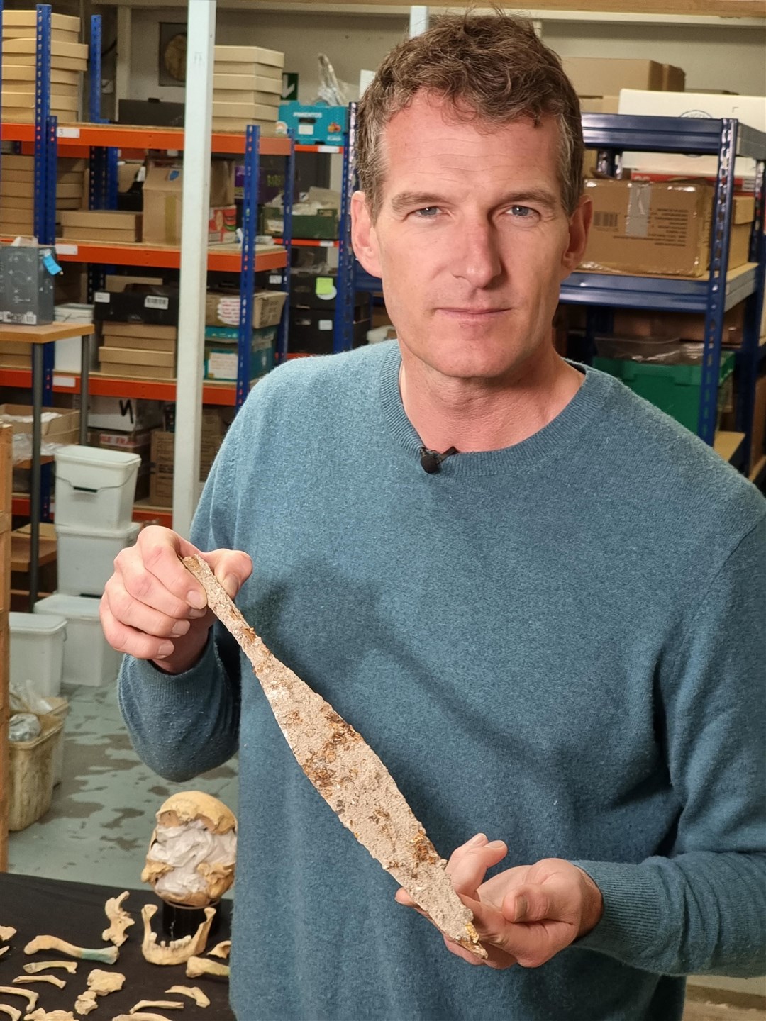 Historian Dan Snow with spearhead uncovered in HS2 excavations in Wendover (HS2 Ltd)