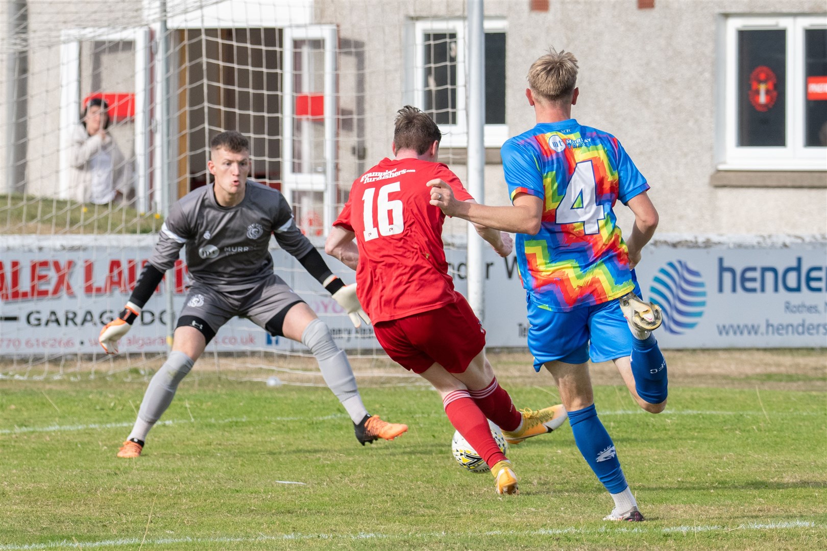 Lossie's Baylee Campbell scores against Nairn County. Picture: Daniel Forsyth
