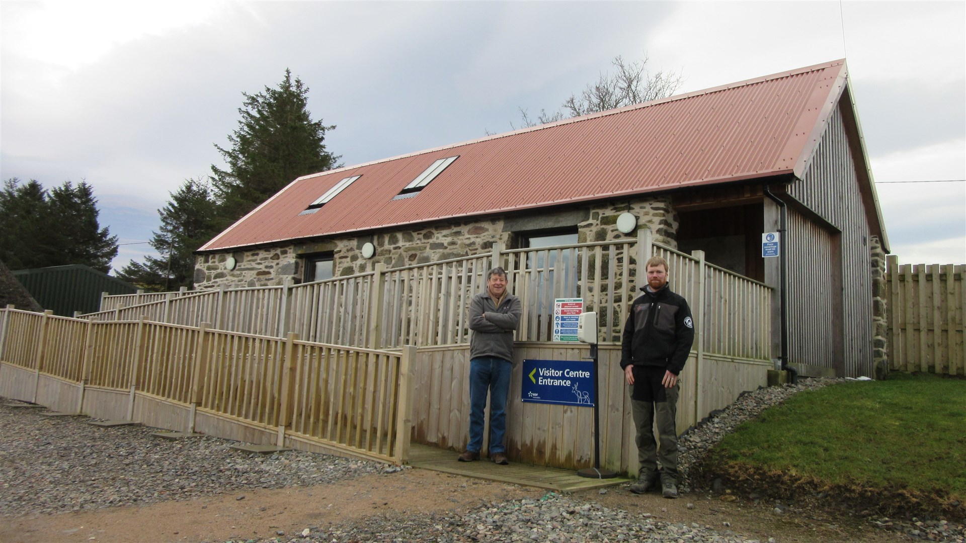 Terry Ballard, Moray Local Outdoor Access Forum convener, and Stephen Reeve, eDF Access Ranger, in front of Dorenell Visitor Centre.