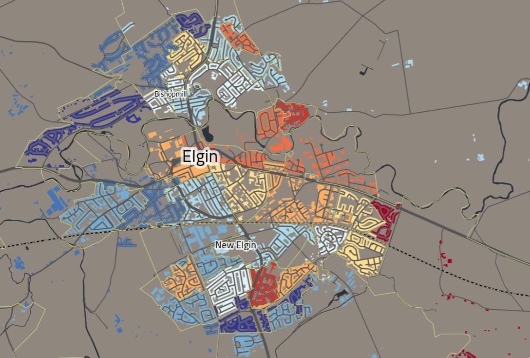 A map highlighting areas of deprivation in Elgin. Dark blue indicates no deprivition, with dark red high deprivation.