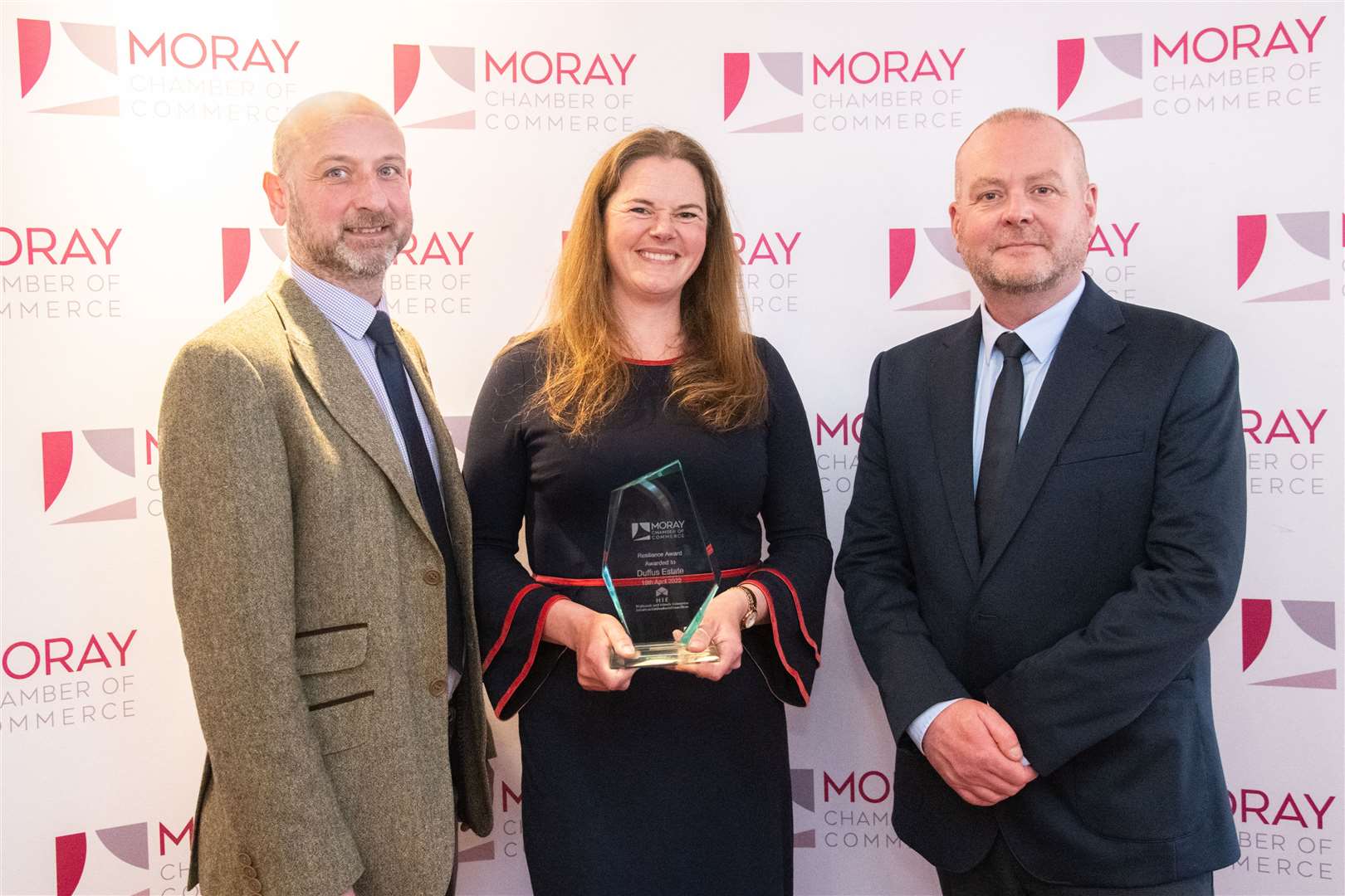 Resilience Award winners: Duffus Estate. From left to right;  Ed and Caroline Dunbar and David Reid (HIE)...Moray Chamber of Commerce Awards Luncheon at the Laichmoray Hotel, Elgin.  Tuesday, April 19, 2022...Photo: Daniel Forsyth..