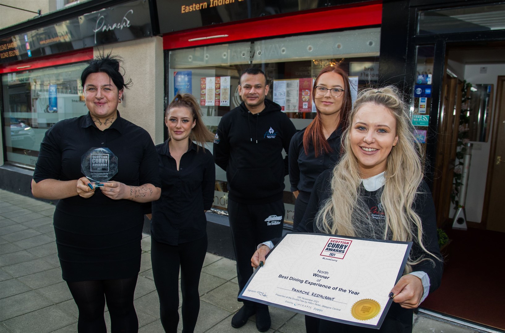 (From left) Panache restaurant staff Morgan Riddell, Charlotte Hodgkinson, manager Jabir Hussain, Molly Collingwood and Anne Townsley. Picture: Becky Saunderson.