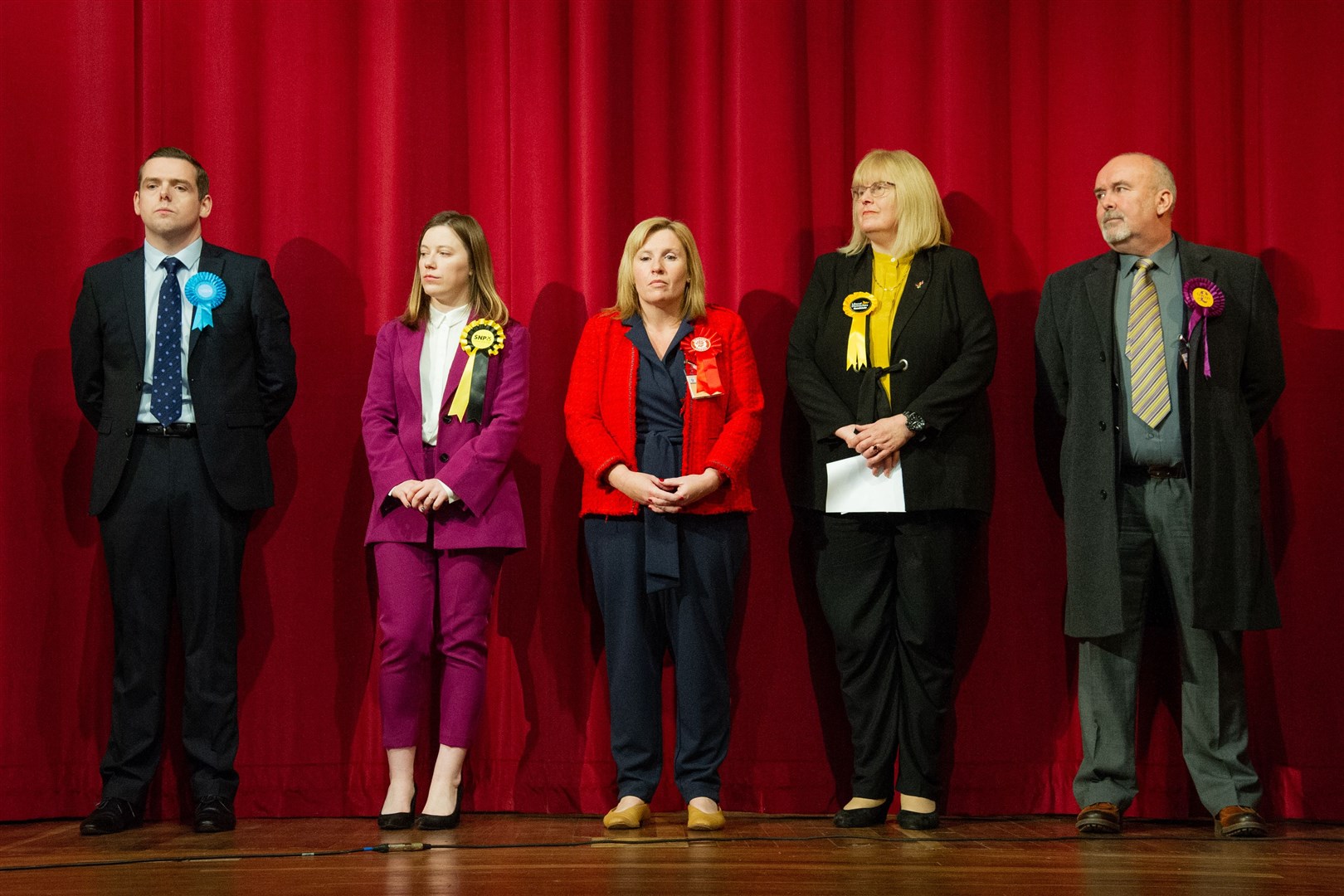 Jo Kirby (centre) reflects on the result with the other candidates, from left, Douglas Ross, Laura Mitchell, Fiona Campbell Trevor and Rob Scorer. Picture: Daniel Forsyth