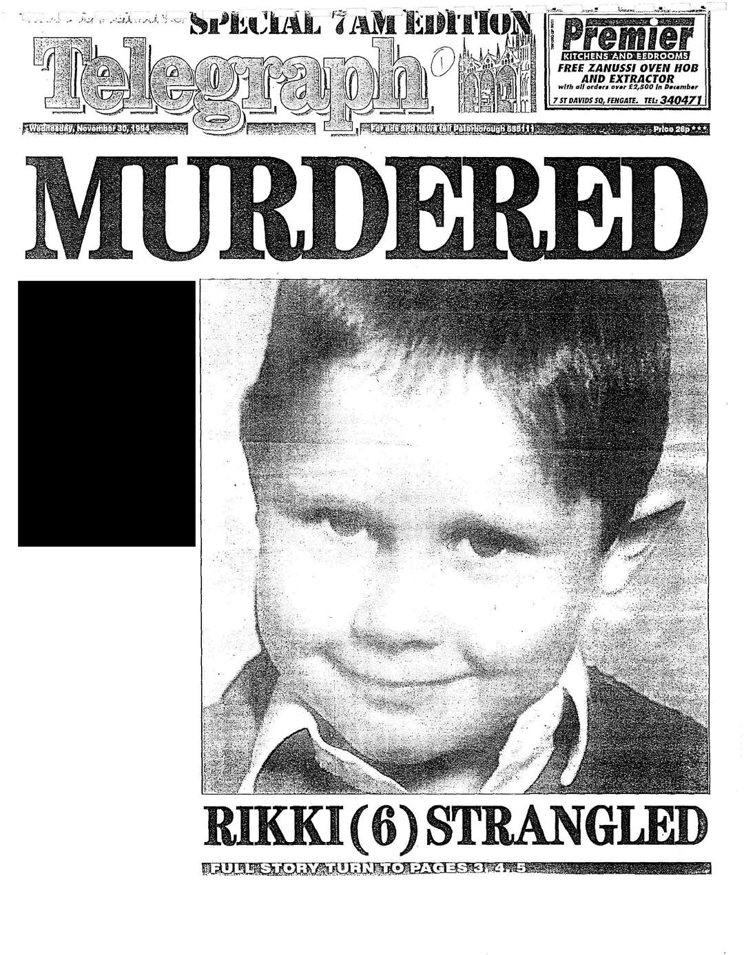 A front page of Peterborough Evening Telegraph dated November 30 1994 with an article about the death of Rikki Neave (CPS/PA)