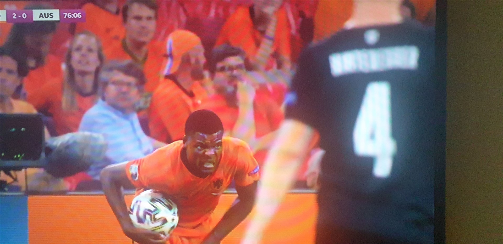 Denzel Dumfries in pain during the Austria game.