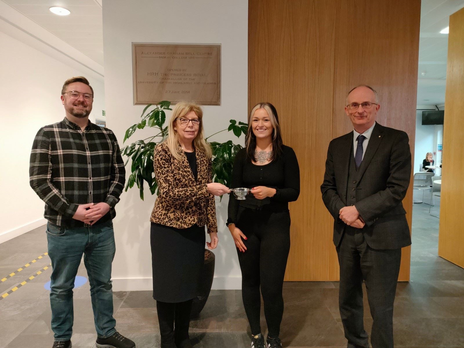 Moray College UHI graduate Rachel Foy (third from left) being presented with the Ina McIver quaich, with Mike McGlynn (left), integrative healthcare lecturer, Professor Sandra MacRury, honorary consultant physician, NHS Highland, and David Patterson (right), Moray College UHI principal.