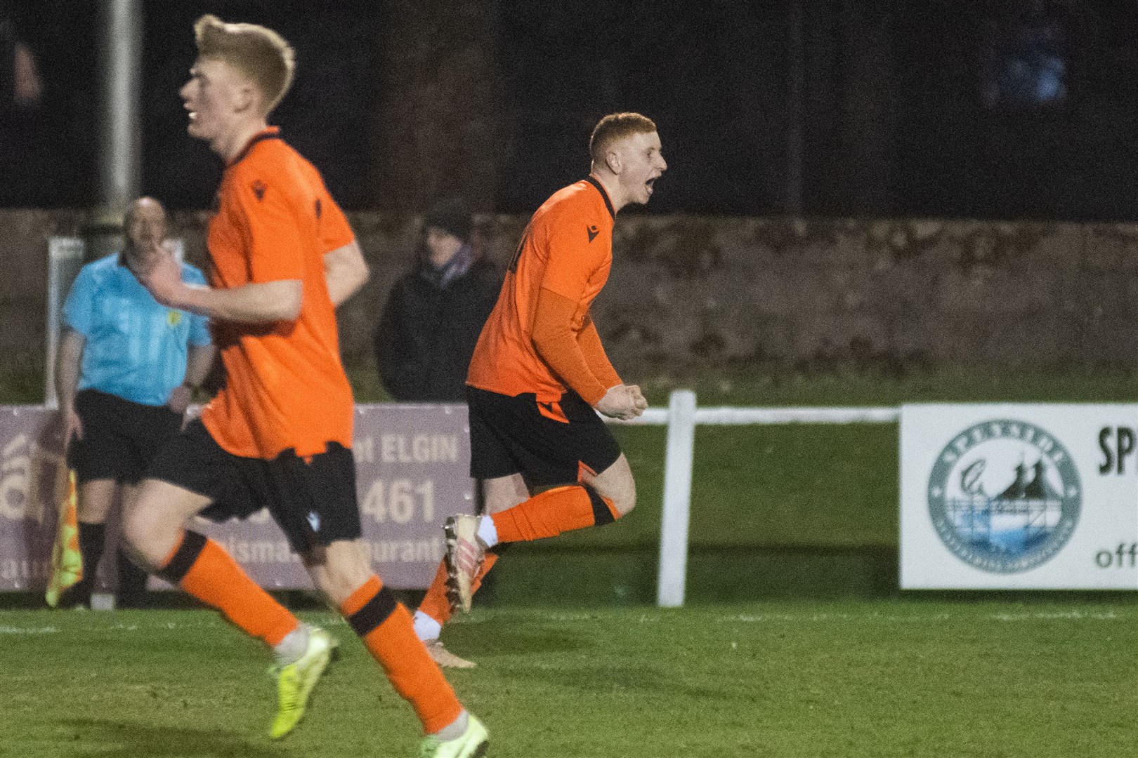 Speysiders striker Aidan Wilson scores for the home side in the first half. Picture: Daniel Forsyth..
