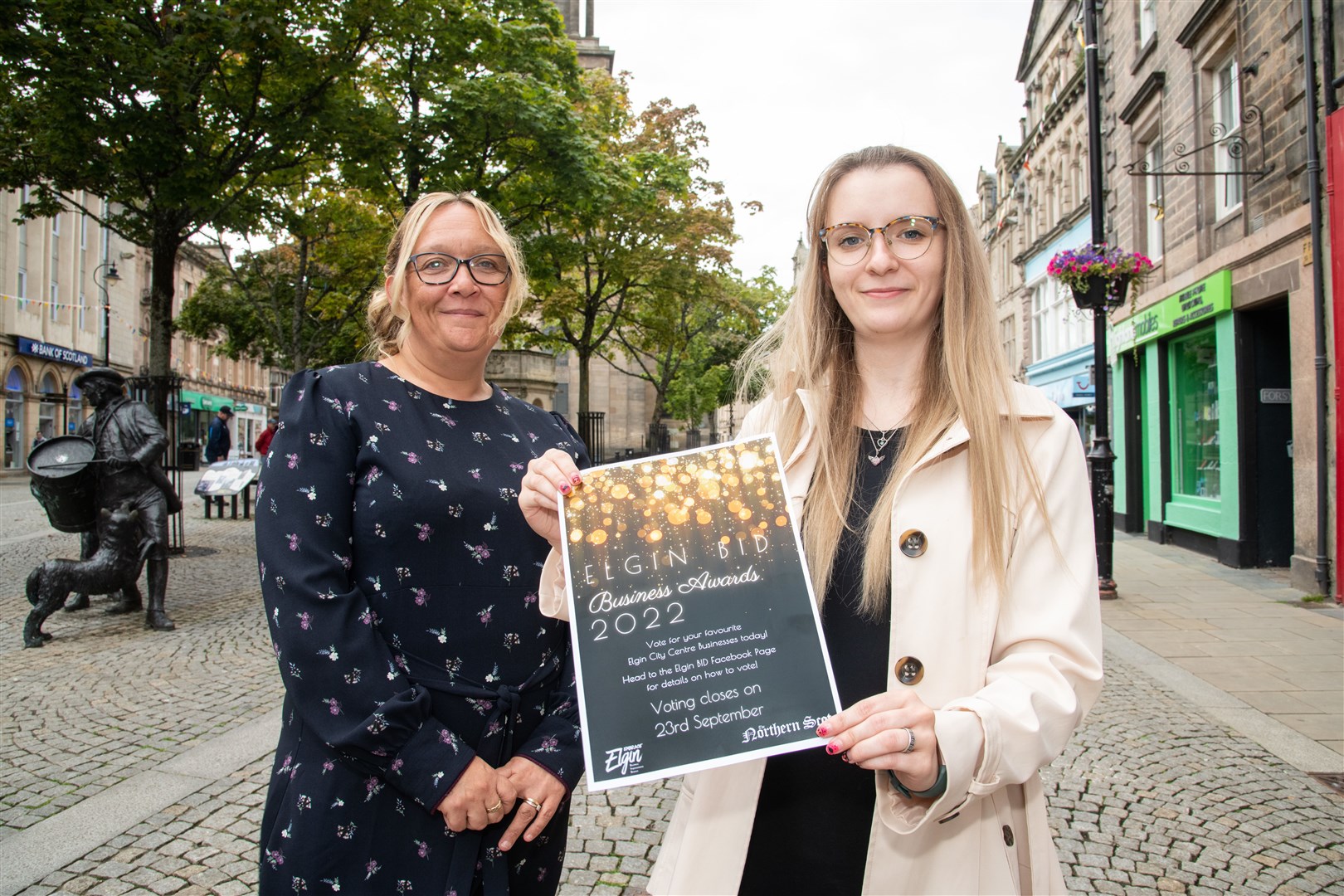 Angela Norrie (left) and Tina Mainland launch the 2022 Elgin BID awards on Elgin High Street.Picture: Daniel Forsyth