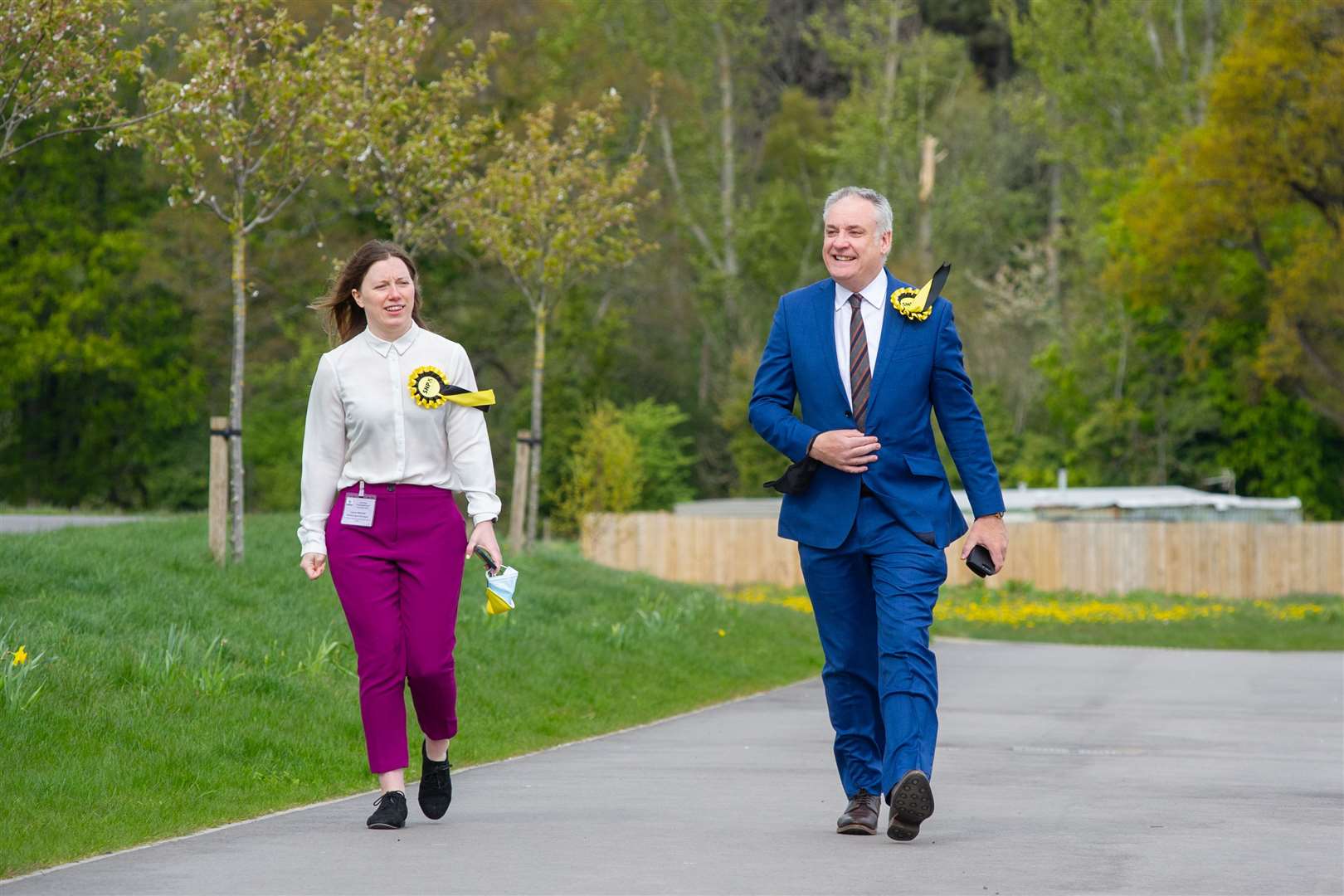 Richard Lochhead, Moray's SNP MSP, arrives at the Regional Count on Saturday morning with his agent Laura Mitchell following a period of precautionary self-isolation...Moray's 2021 Scottish Election...Picture: Daniel Forsyth.