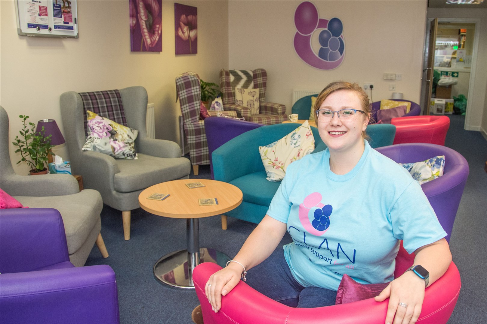 Visiting the CLAN centre in Elgin is Rhiannon Robinson, who is undertaking a 300ft bungee jump in aid of the cancer charity. Picture: Becky Saunderson.