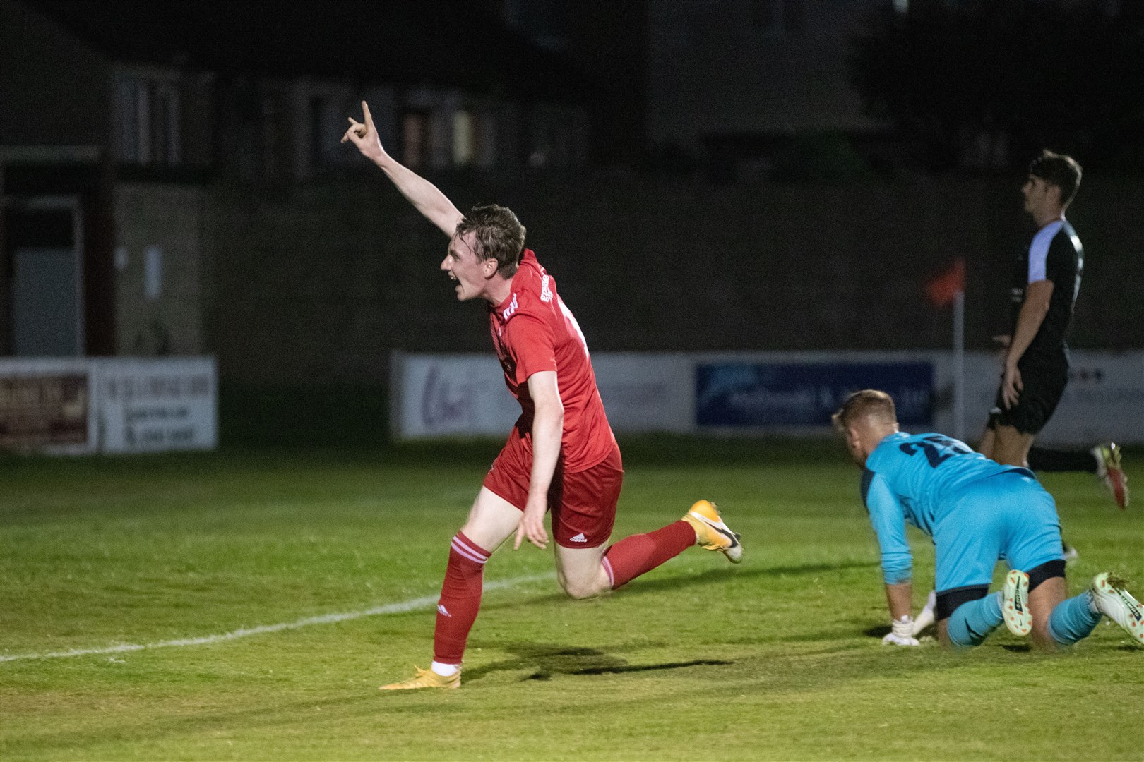 Lossiemouth's Baylee Campbell scores the home side's fourth goal of the evening...Lossiemouth FC (4) vs Strathspey Thistle (2) - Highland Football League 22/23 - Grant Park, Lossiemouth 24/08/2022...Picture: Daniel Forsyth..