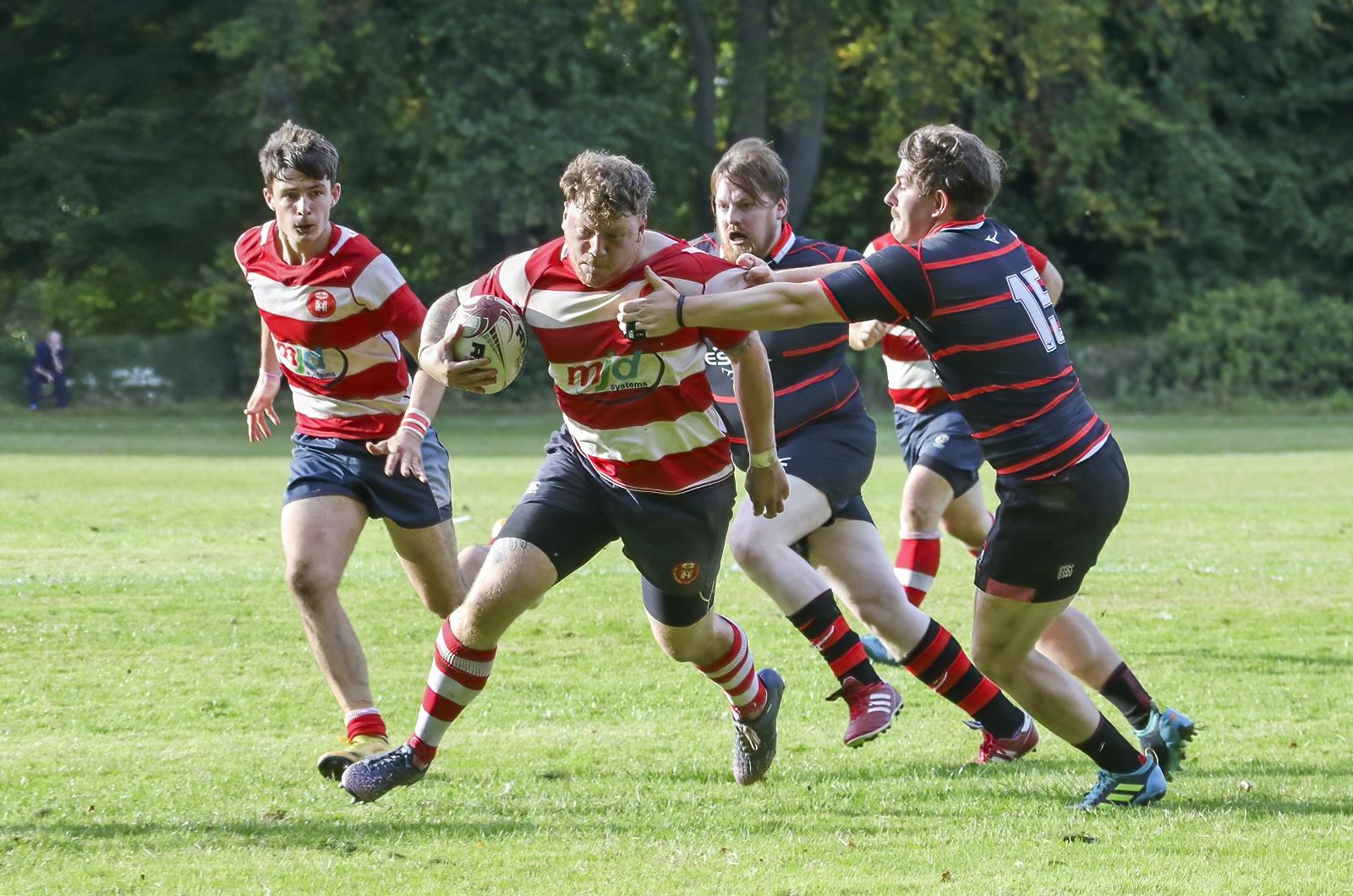 Lewis Scott bustles through for his try, supported by Rory Millar on left. Photo: John MacGregor