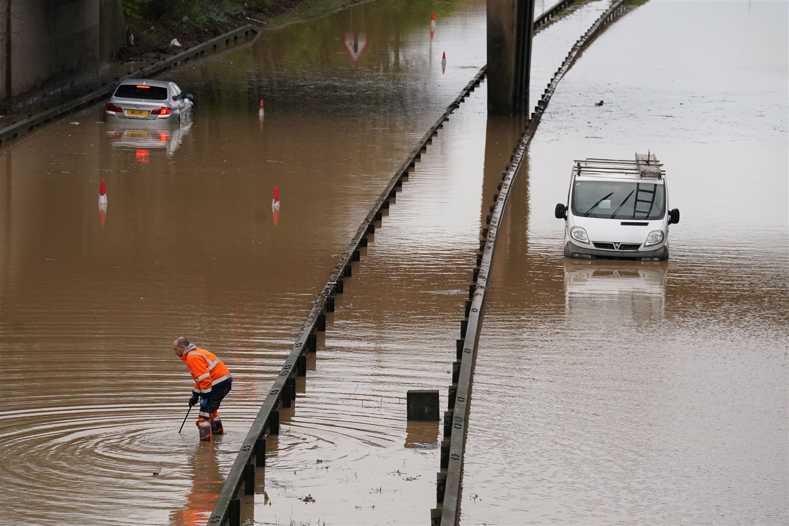 Cars stranded in floodwater on the A189 Spine Road near Blyth, Northumberland (Owen Humphreys/PA)