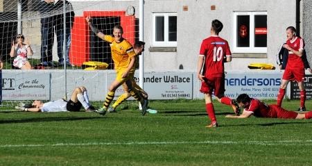 Lee Fraser celebrates scoring Forres' second goal in their 4-0 Scottish Cup replay win at Lossiemouth.