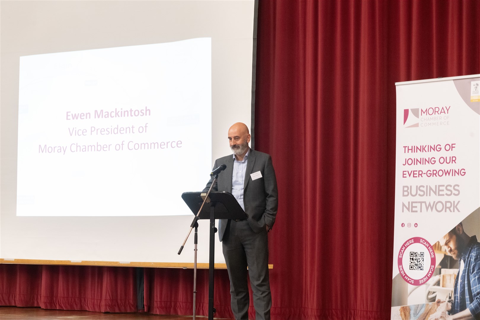 Ewen Mackintosh, Vice President of Moray Chamber of Commerce, talking about the Private Sector Perspective at the Moray's Town Centres Summit 2023 at Elgin Town Hall...Picture: Beth Taylor.