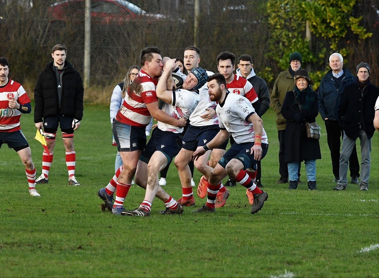 Cameron Hughes makes a tackle for Moray. Photo: James Officer