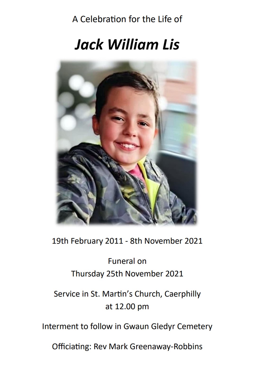 The order of service for the funeral of Jack Lis at St Martin’s Church, Caerphilly (Ben Birchall/PA)