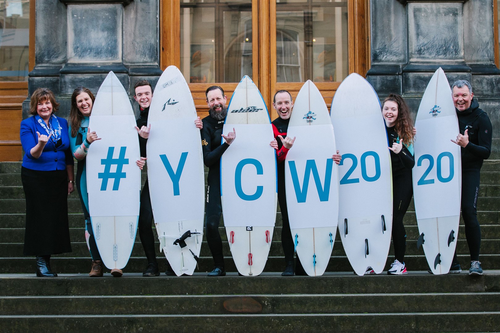 (From left) Fiona Hyslop unveil events for Scotland’s Year of Coasts and Waters 2020, with surfers Sally Harris, Owen McQueenie, Brian Allen, Sam Christopherson, Tamzin McQueenie and Martin McQueenie.