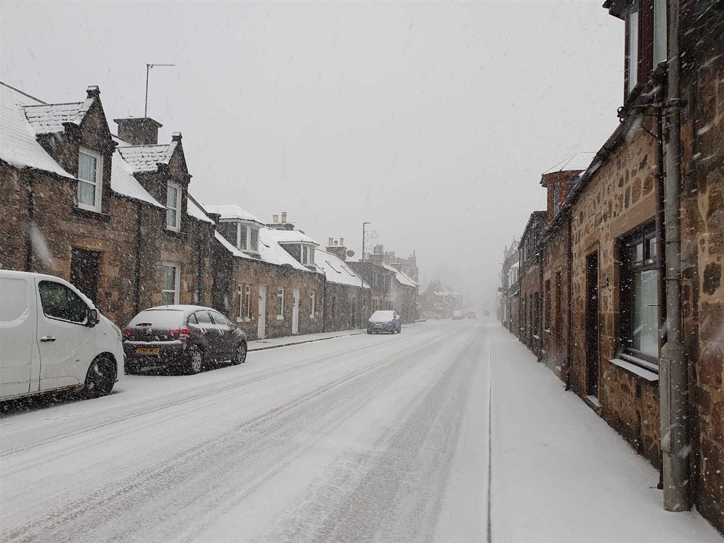 Visibility was poor on Rothes' New Street on Tuesday morning.