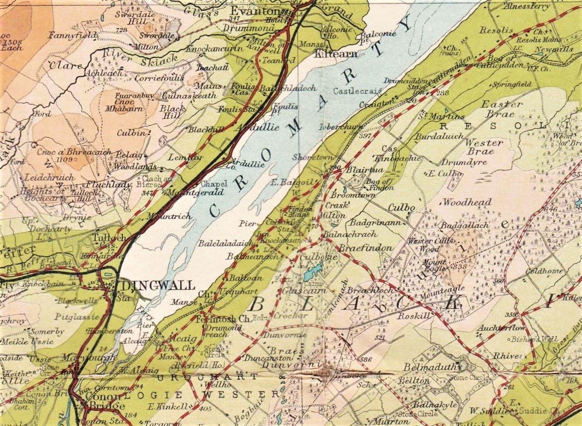 A Bartholemew's map of Ross-shire from around 1919 clearly shows the route of the planned railway line, as well as some of the stations. The track - which is marked by a dotted line - can be followed from Conon Bridge to out past Resolis before heading off the page.