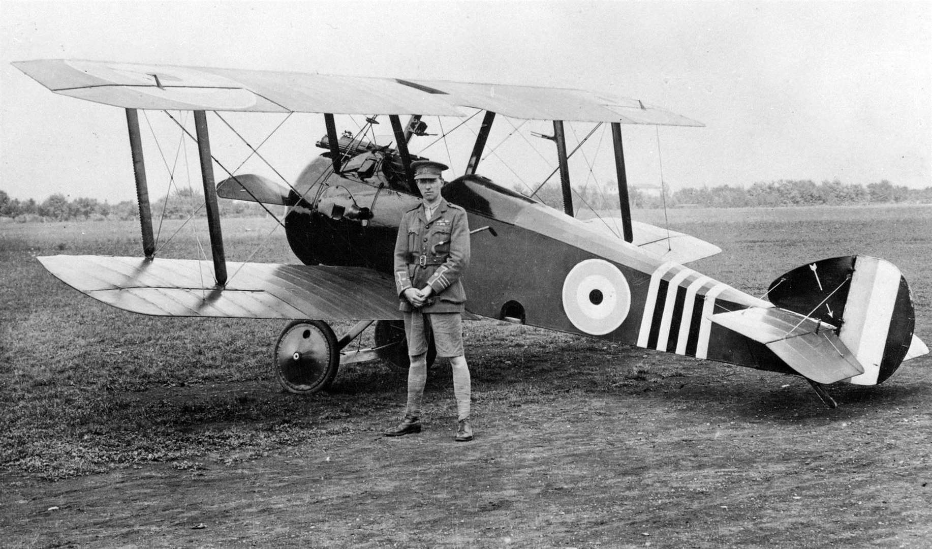 Wing Commander William Barker with a Sopwith Camel aircraft in which he shot down 46 enemy aircraft. Picture: DND Archives.