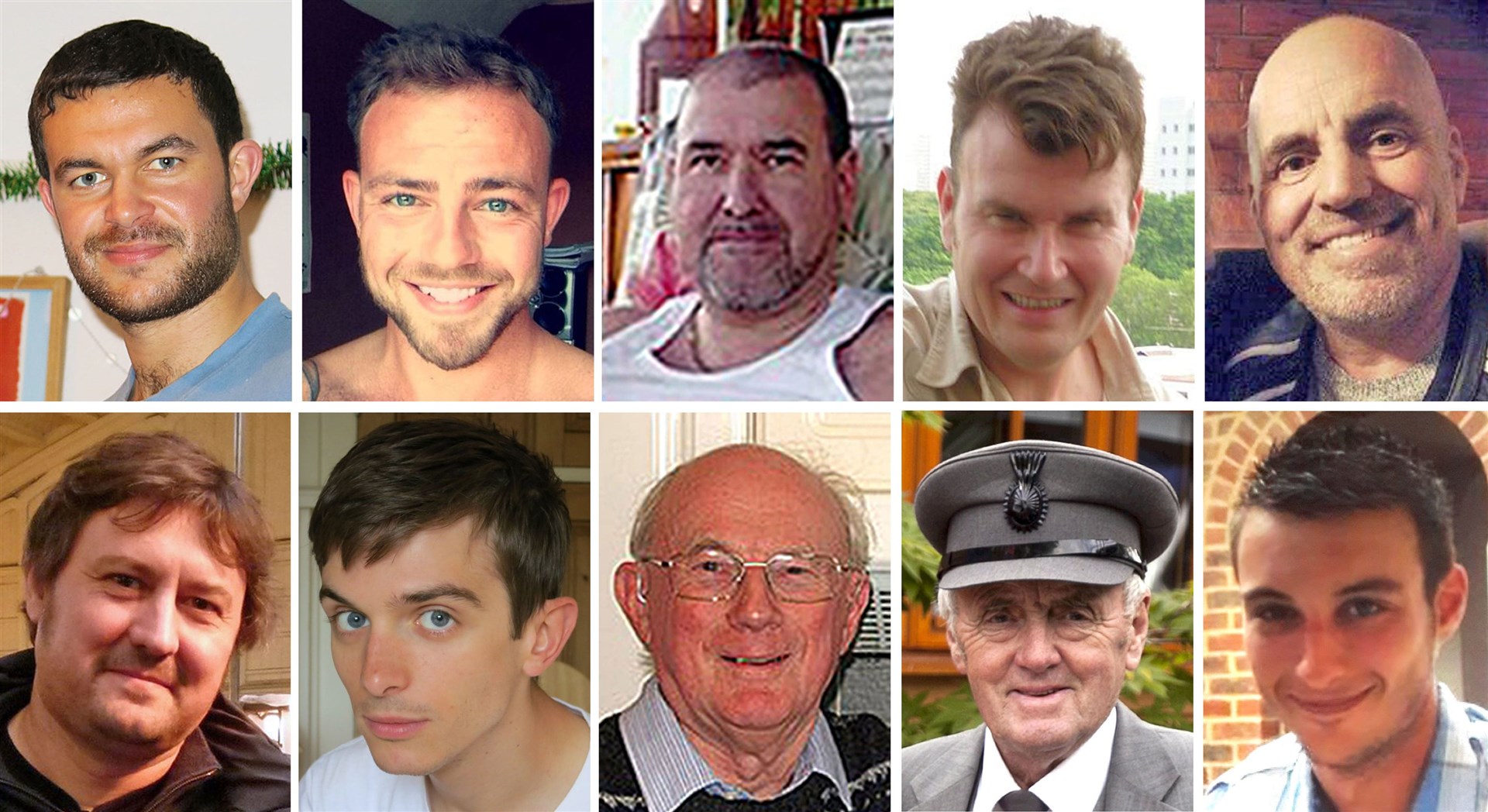 The victims included, from left, top row, Matthew Grimstone, Matt Jones, Mark Reeves, Tony Brightwell and Mark Trussler. (Bottom row from left) Dylan Archer, Richard Smith, Graham Mallinson, Maurice Abrahams and Daniele Polito (Sussex Police/CPS/PA)