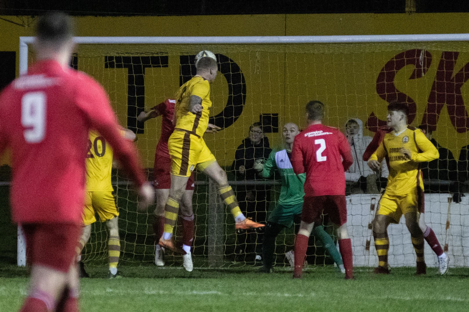 Forres' Lee Fraser rises up to head home the only goal of the game. ..Forres Mechanics FC (1) vs Lossiemouth FC (0) - Highland Fotball League 22/23 - Mosset Park, Forres 23/12/22...Picture: Daniel Forsyth..